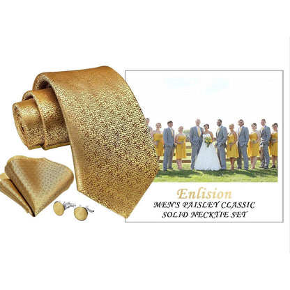 Herren Krawatten Set Paisley mit Einstecktuch & Manschettenknöpfen Gold