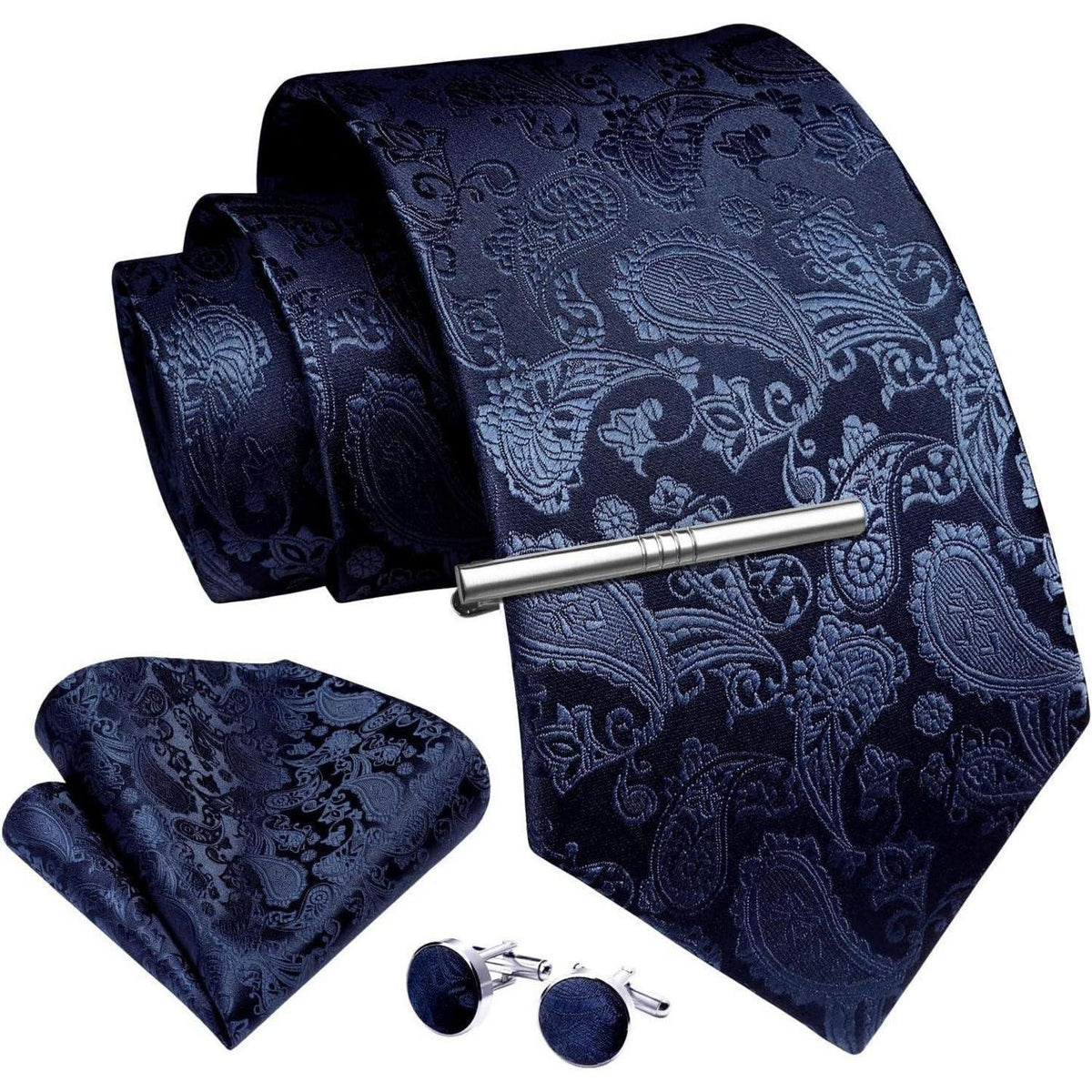 Herren Krawatten Set mit Einstecktuch, Krawattenklammer & Manschettenknöpfen - Marineblau