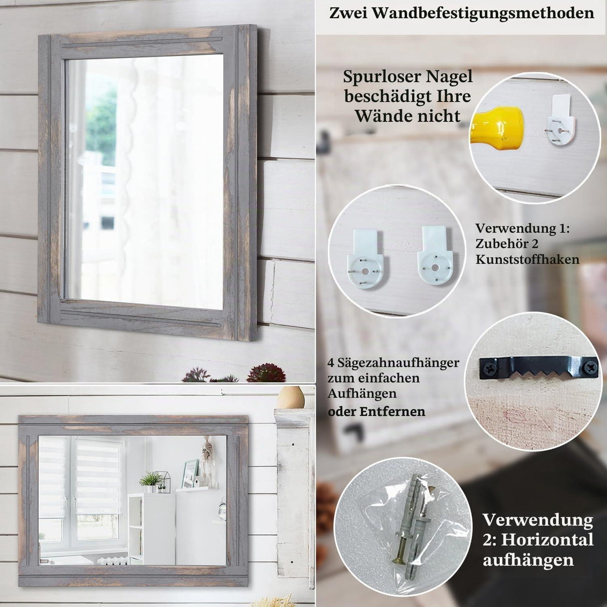 Rustikaler Wandspiegel Holzrahmen 65x45 cm – Rechteckig & Dekorativ