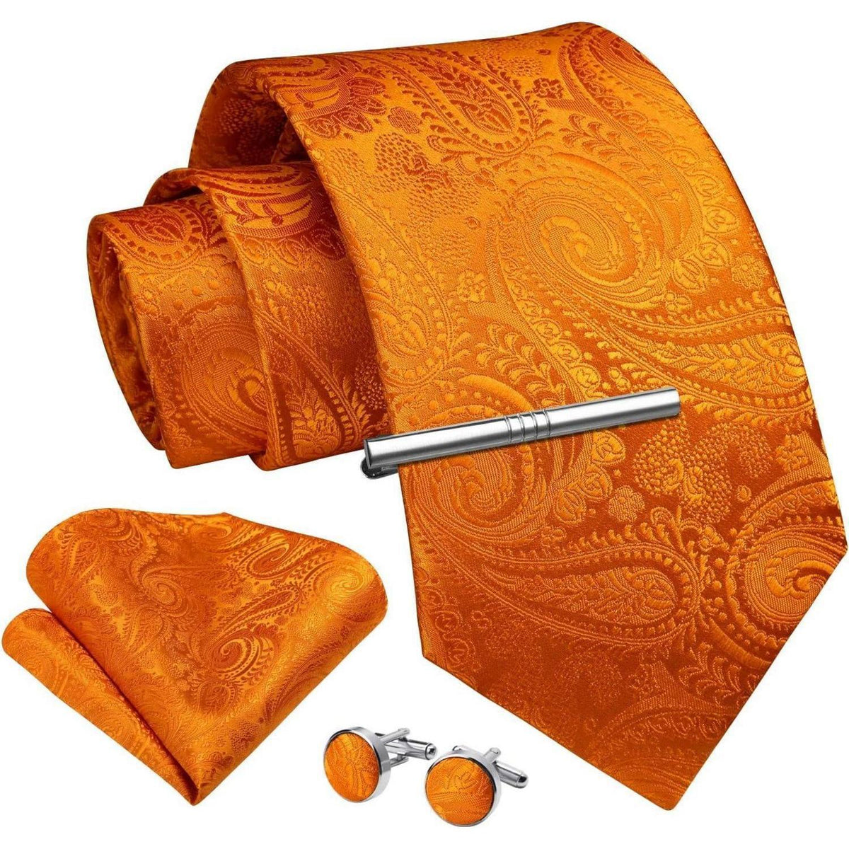 Herren Krawatten Set mit Einstecktuch, Krawattenklammer & Manschettenknöpfen – Orange