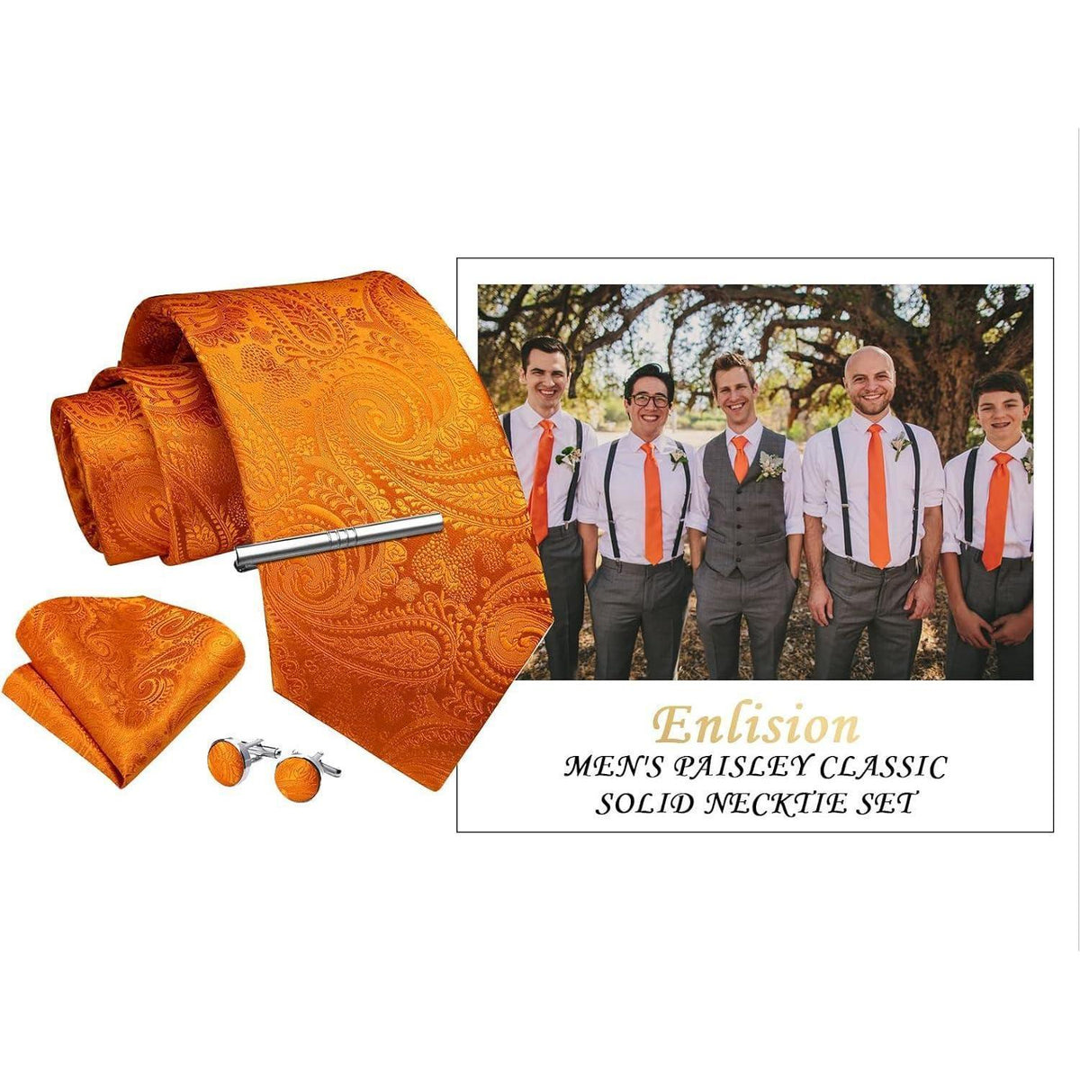 Herren Krawatten Set mit Einstecktuch, Krawattenklammer & Manschettenknöpfen – Orange