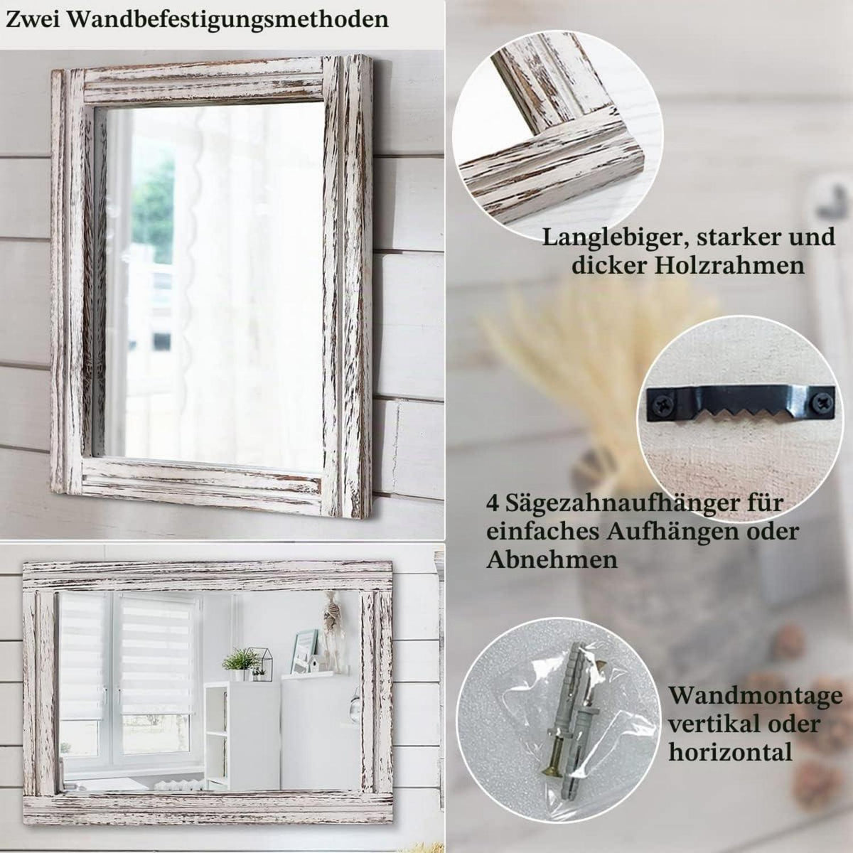 Rustikaler Wandspiegel Holz 65x45 cm – Bauernhaus Deko Spiegel