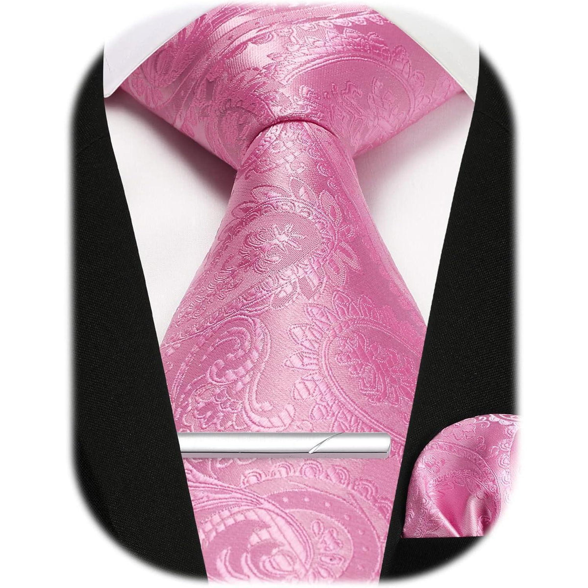 Herren Krawatten-Set mit Einstecktuch und Krawattennadel – Rosa Paisley