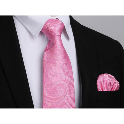 Herren Krawatten-Set mit Einstecktuch und Krawattennadel – Rosa Paisley