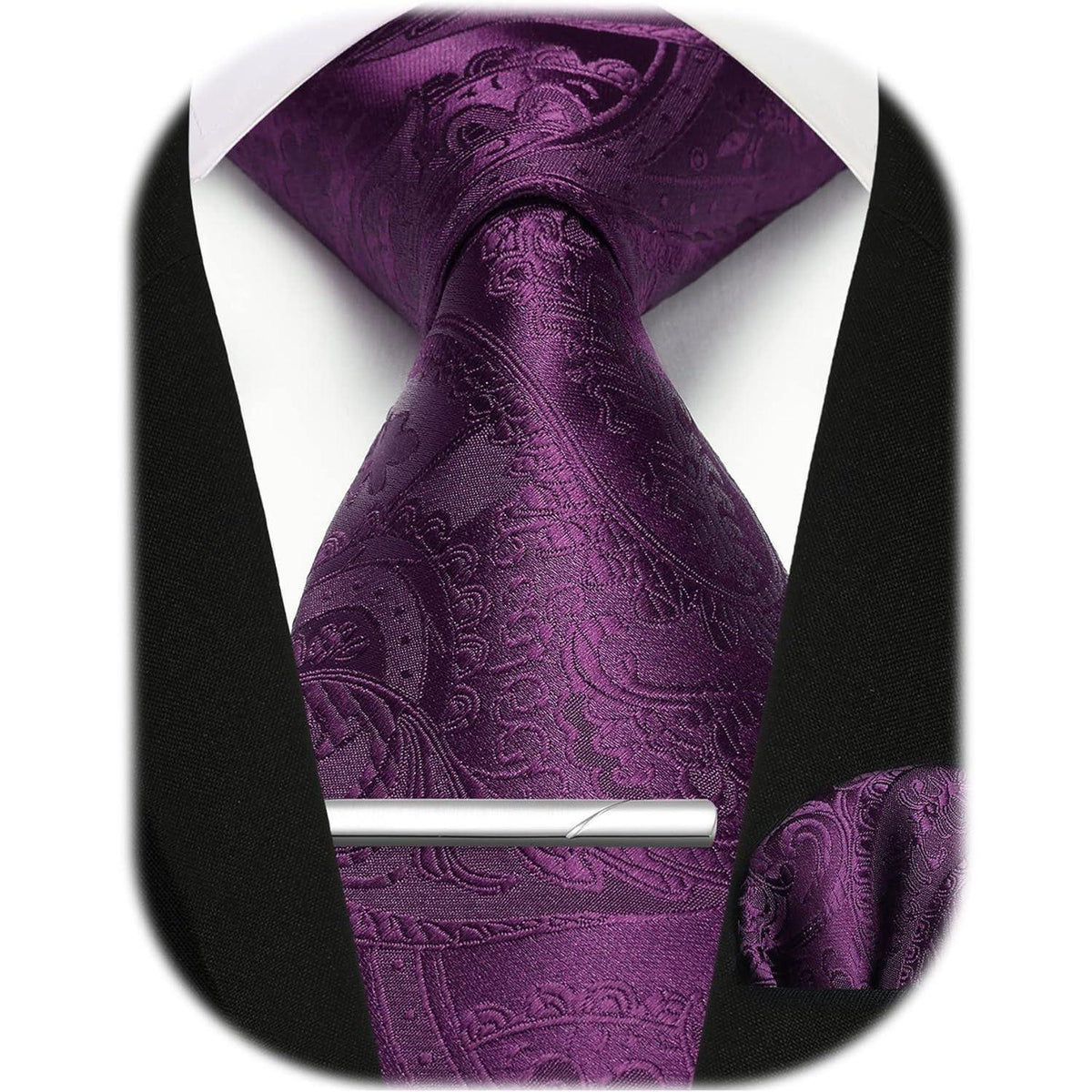 Herren Krawatten-Set mit Einstecktuch und Krawattennadel - Lila Paisley
