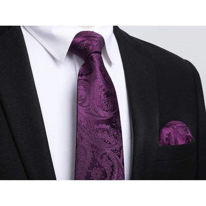 Herren Krawatten-Set mit Einstecktuch und Krawattennadel - Lila Paisley