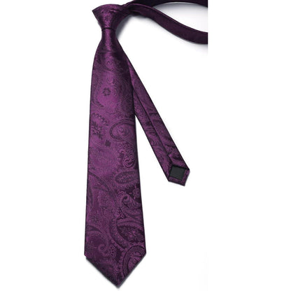 Herren Krawatten-Set mit Einstecktuch und Krawattennadel - Lila Paisley