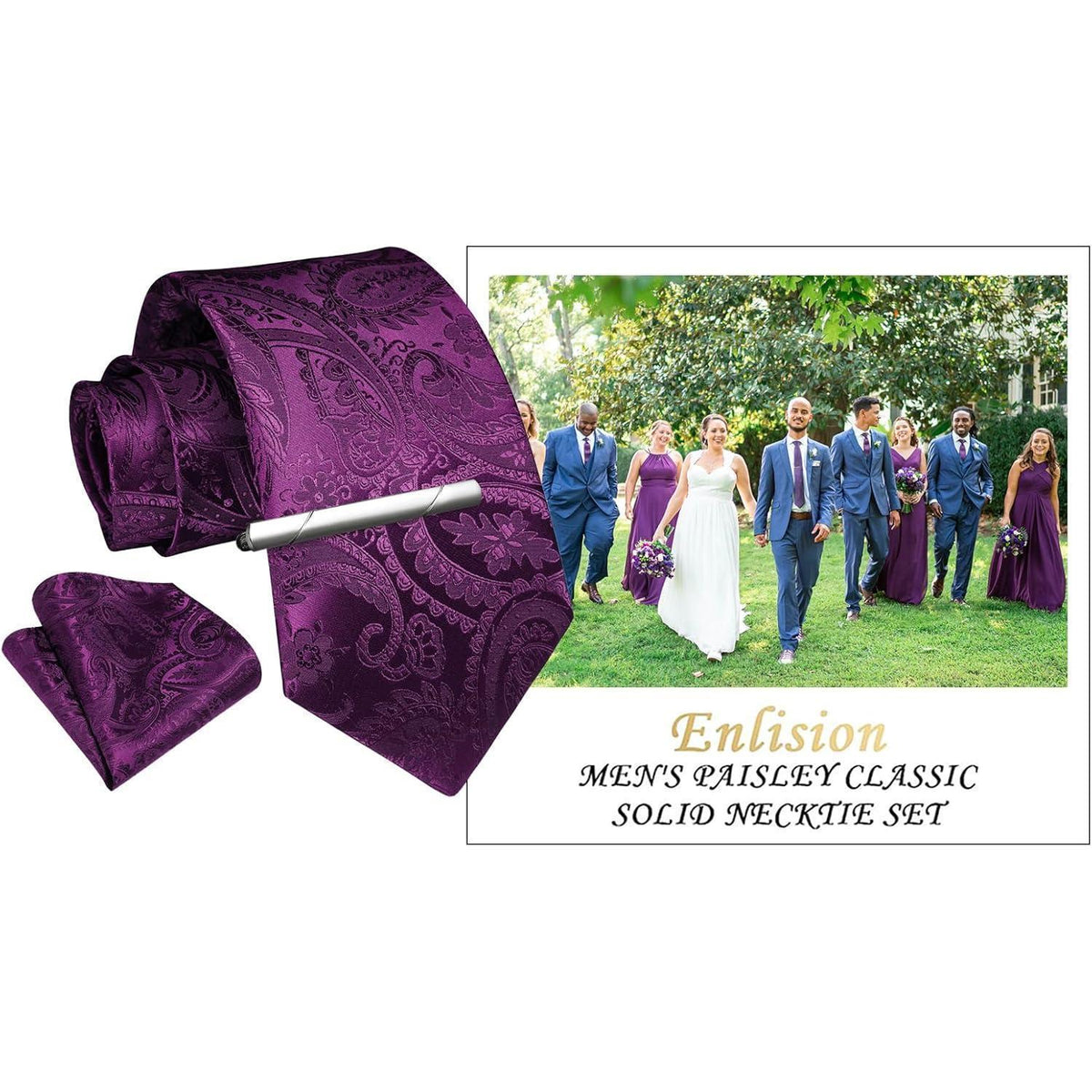 Herren Krawatten-Set mit Einstecktuch und Krawattennadel - Lila Paisley