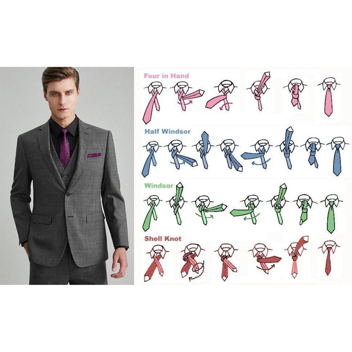 Herren Krawatten-Set mit Einstecktuch und Krawattennadel - Lila Paisley