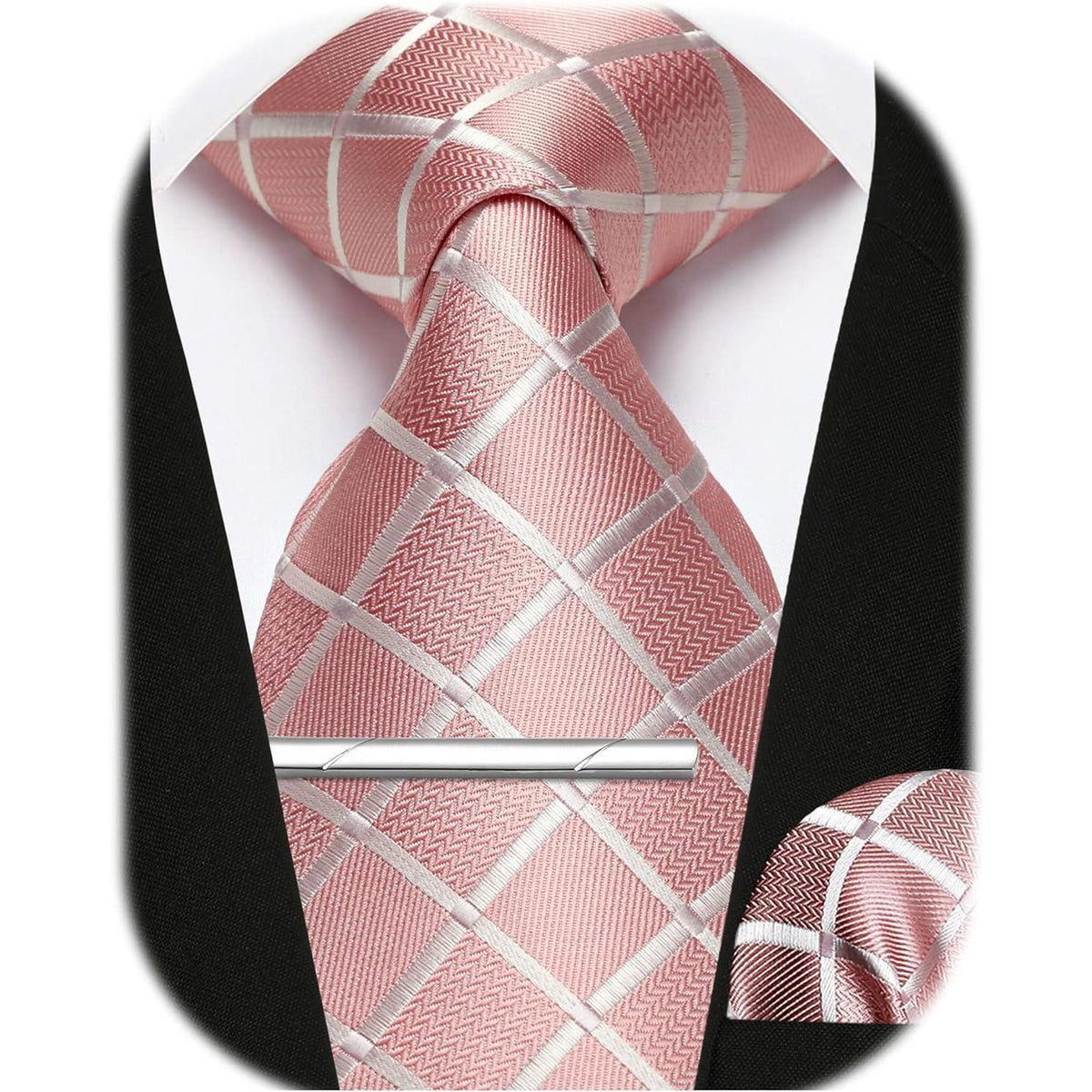 Herren Krawatten-Set mit Einstecktuch & Krawattennadel – Rosa Kariert