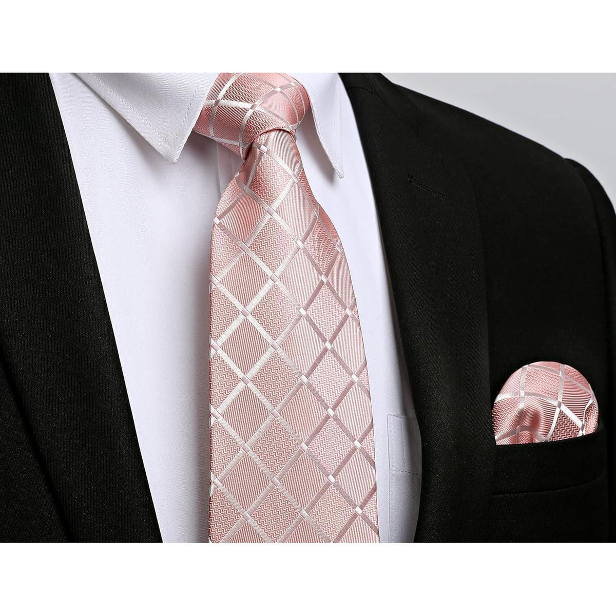 Herren Krawatten-Set mit Einstecktuch & Krawattennadel – Rosa Kariert