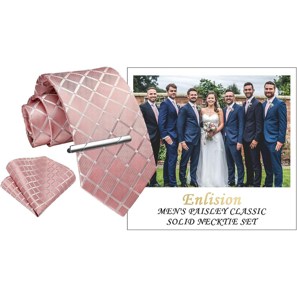 Herren Krawatten-Set mit Einstecktuch & Krawattennadel – Rosa Kariert