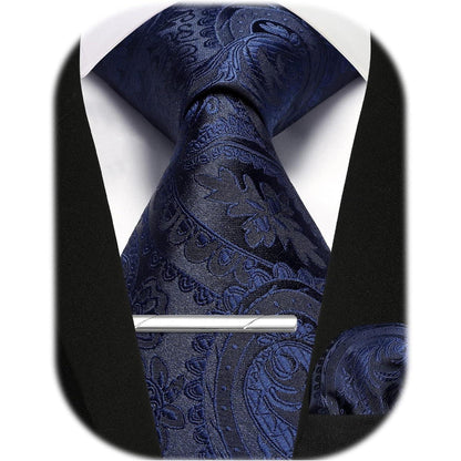 Herren Krawatten-Set mit Einstecktuch und Krawattennadel – Marine Paisley