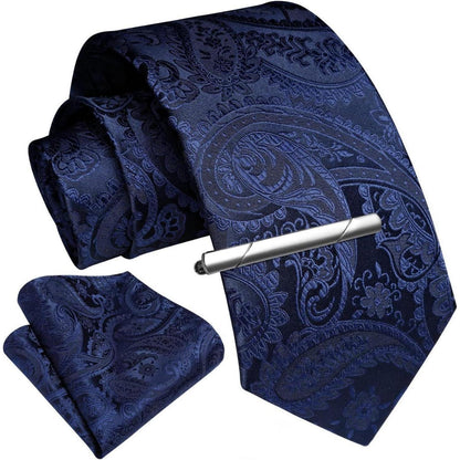 Herren Krawatten-Set mit Einstecktuch und Krawattennadel – Marine Paisley
