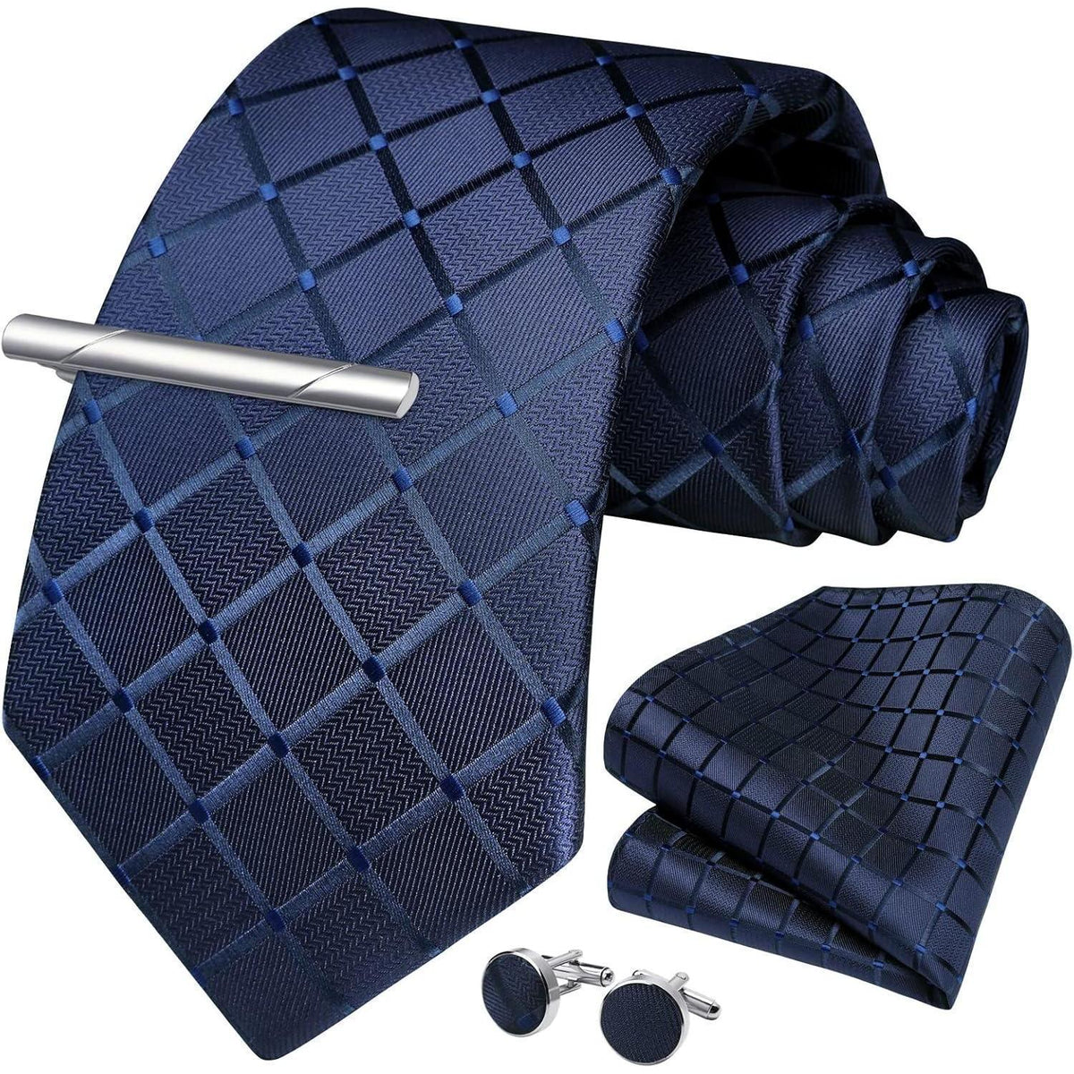 Herren Krawatten-Set mit Einstecktuch und Manschettenknöpfen, marineblau kariert
