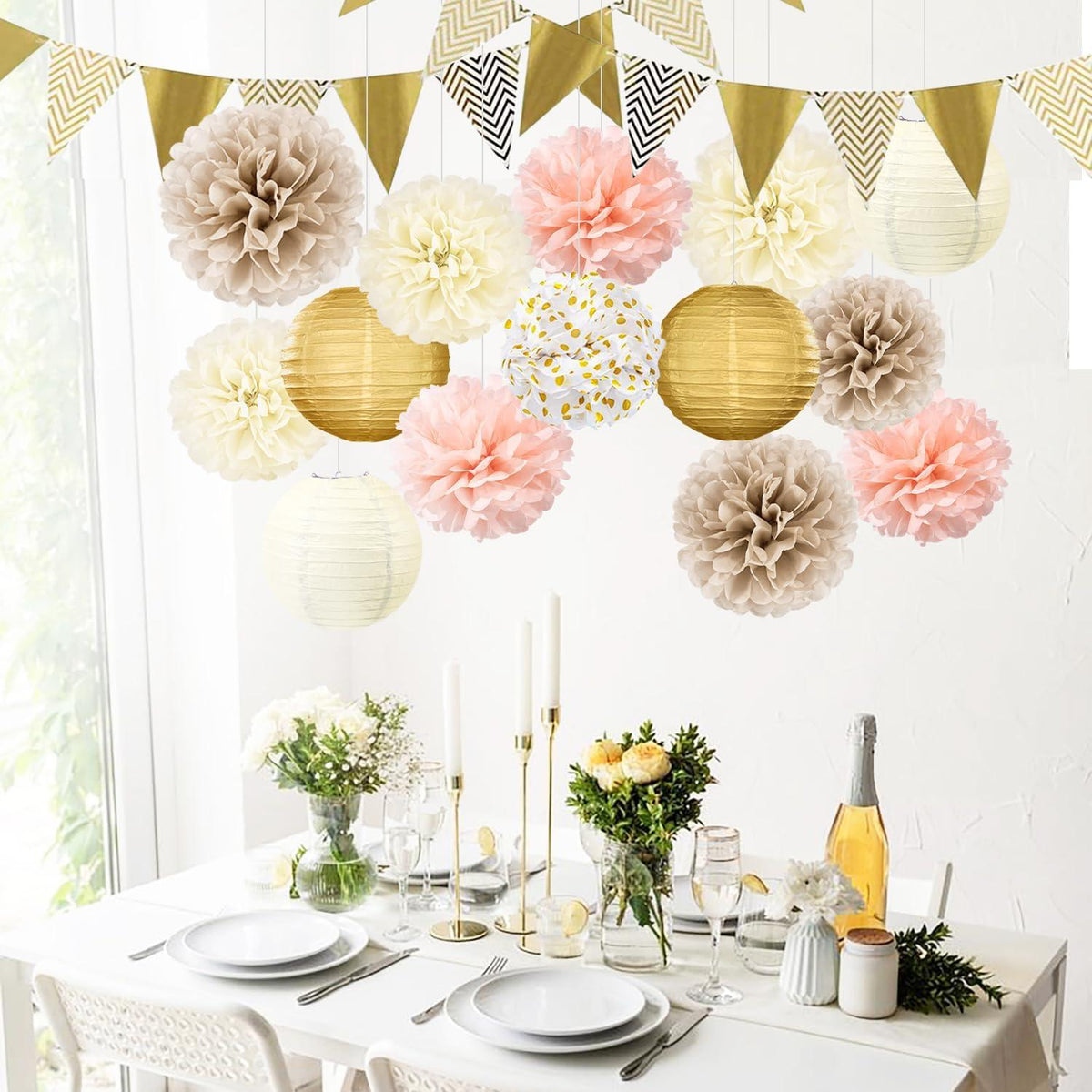 Vintage-Hochzeitsdekoration beige Papierlampion Pompons Set