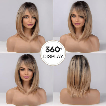 Gerade Bob Perücke mit Pony – Braun Ombre Blond
