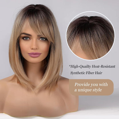Gerade Bob Perücke mit Pony – Braun Ombre Blond