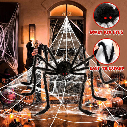 Halloween Deko Spinne Set: Riesenspinne 127cm & Dreieckiges Spinnennetz 50cm
