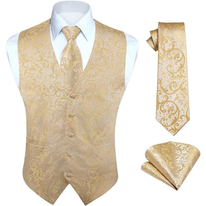 Herren Weste Krawatte Einstecktuch Set Champagner Jacquard XL