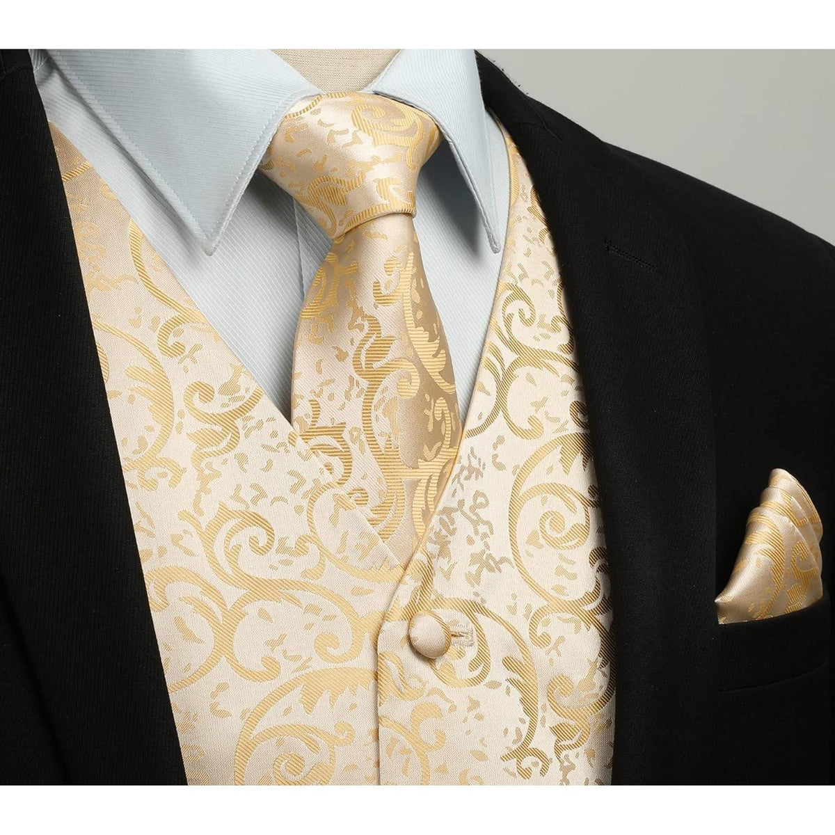 Herren Weste Krawatte Einstecktuch Set Jacquard Champagner 3XL