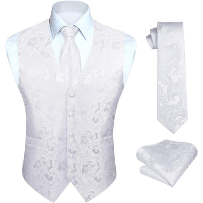 Herren Weste Krawatte Einstecktuch Set Jacquard Floral Weiß