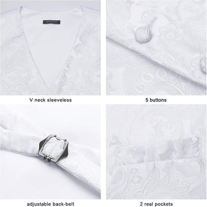 Herren Weste Krawatte Einstecktuch Set Jacquard Floral Weiß
