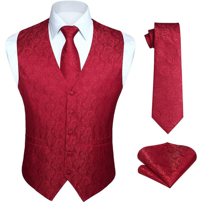 Herren Weste Krawatte Einstecktuch Set Jacquard Rot