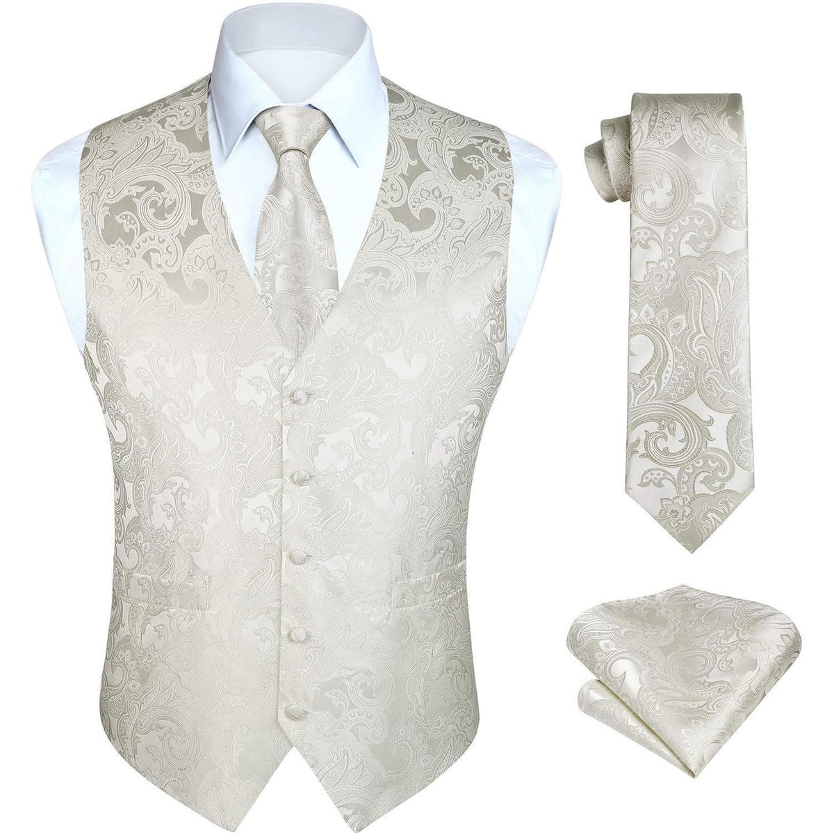Herren Weste Krawatte Einstecktuch Set Beige Jacquard Seide