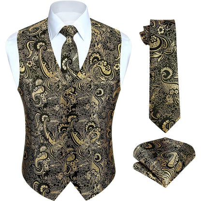Herren Jacquard Weste Krawatte Einstecktuch Set Gold & Schwarz