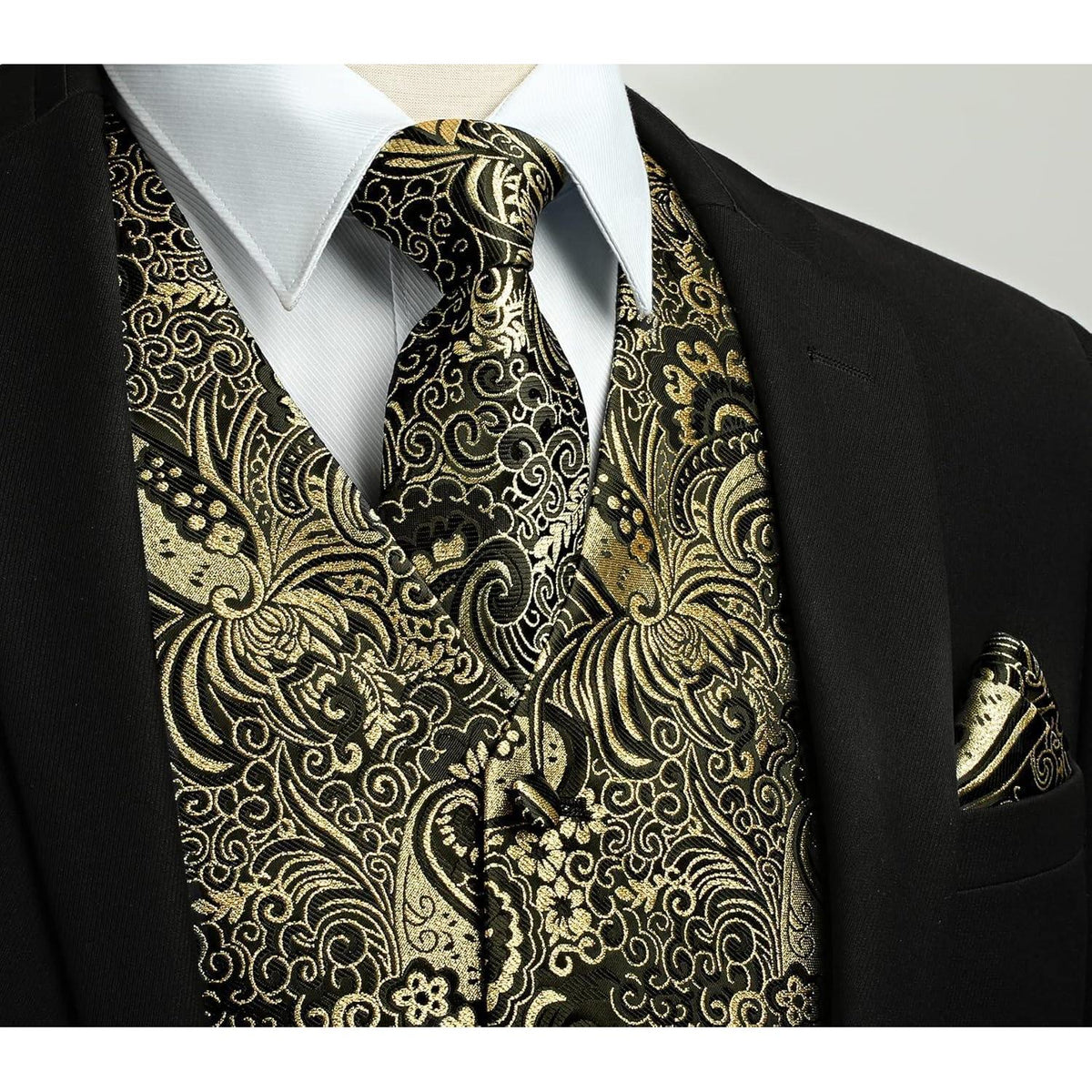 Herren Jacquard Weste Krawatte Einstecktuch Set Gold & Schwarz