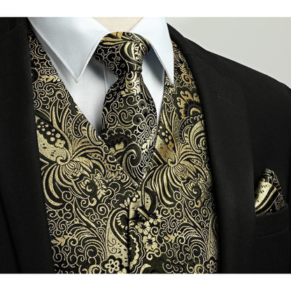 Herren Jacquard Weste Krawatte Einstecktuch Set Gold & Schwarz