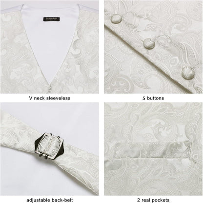 Herren Weste Krawatte Einstecktuch Set Beige Jacquard Seide