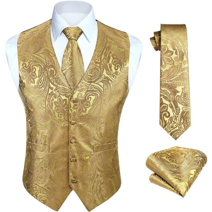 Herren Jacquard Weste Krawatte Einstecktuch Set Gelb 3XL