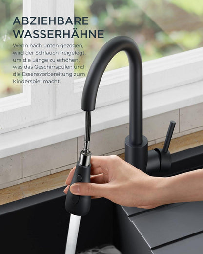FORIOUS Schwarzer Hochdruck-Wasserhahn mit ausziehbarer