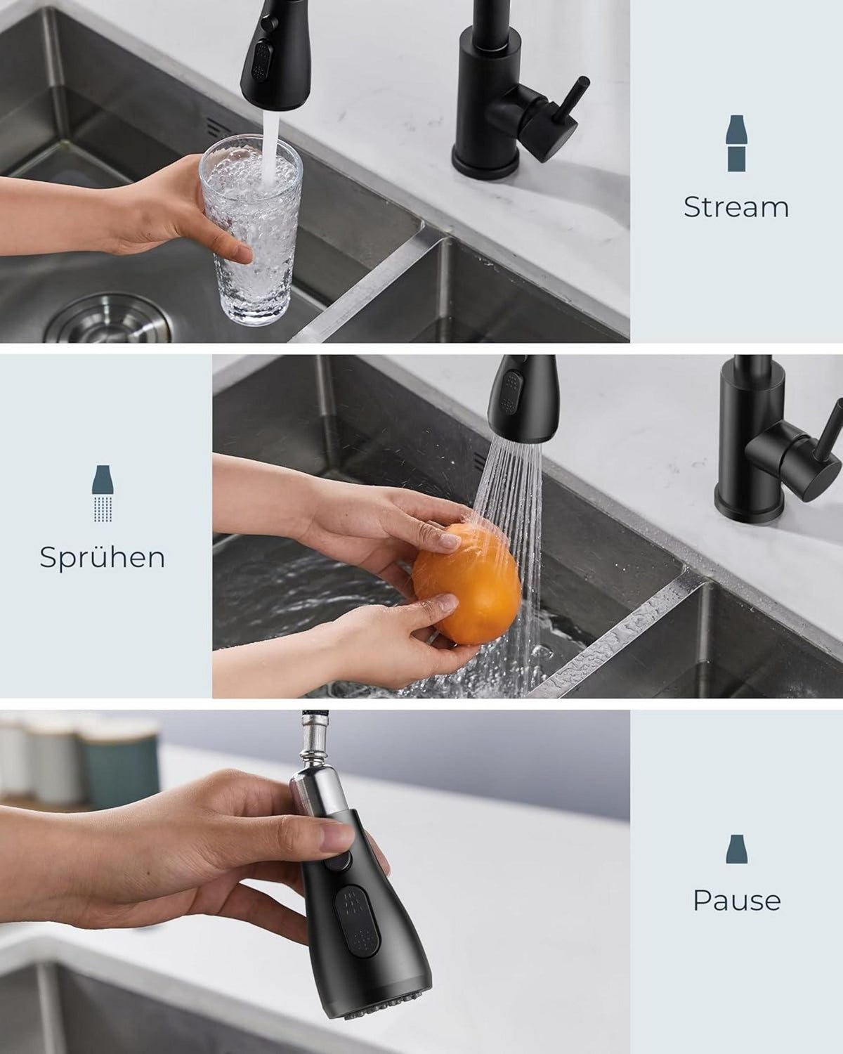 Schwarzer Hochdruck-Wasserhahn mit ausziehbarer