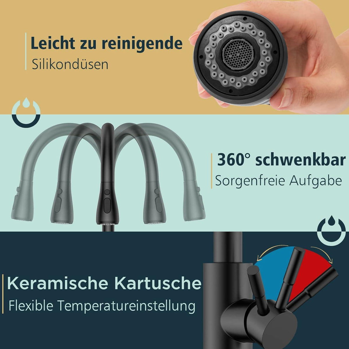 Moderne Schwarz Hochdruck Küchenarmatur mit herausziehbarer Brause
