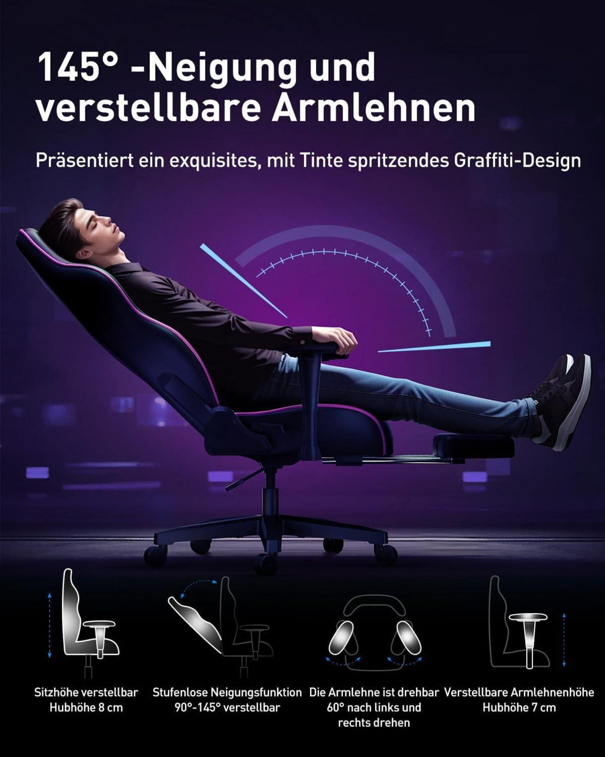 Ergonomischer Graffiti Bürostuhl Verstellbar PU Leder Lordosenstütze