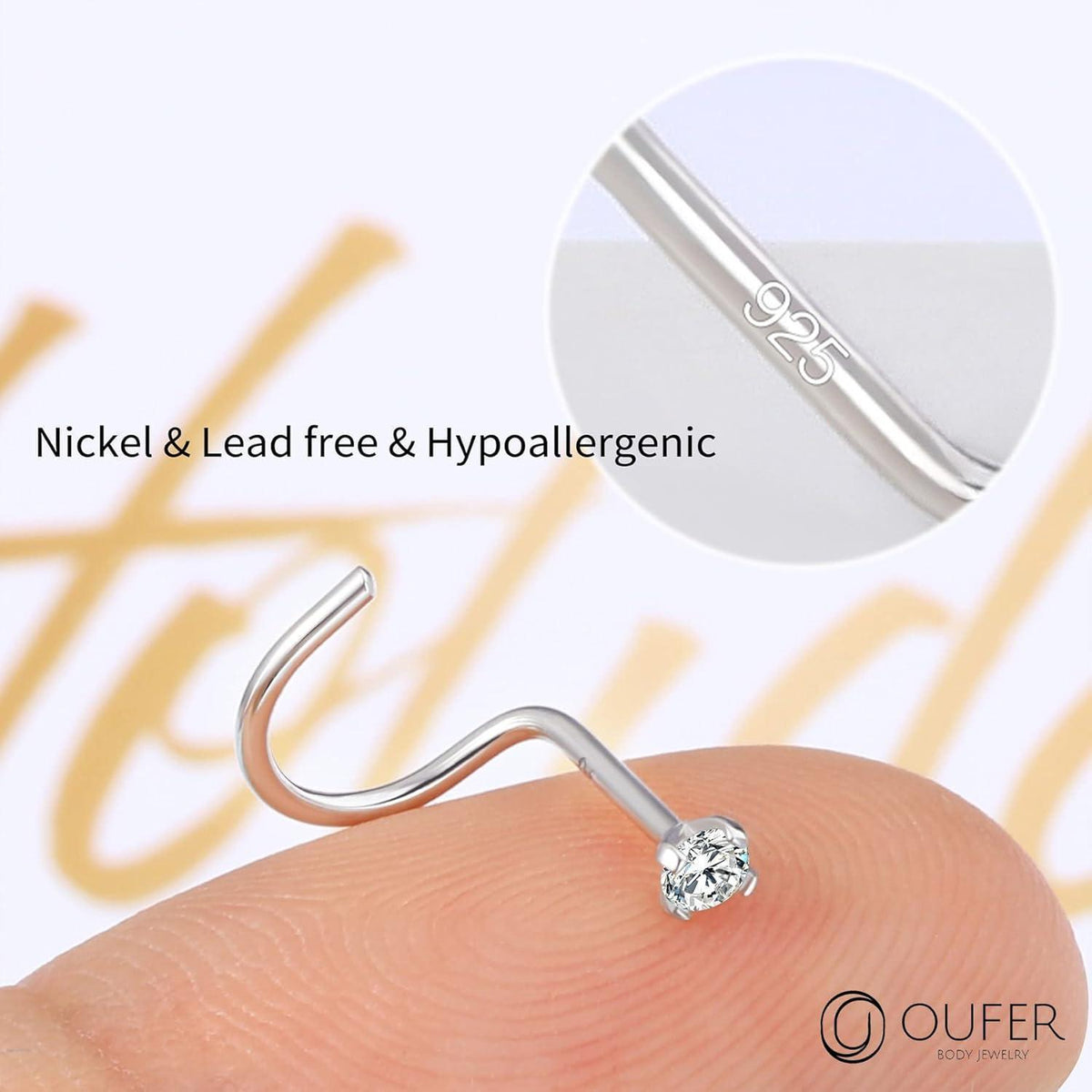 Nasenpiercing L-Form 925 Silber mit Zirkonia 2mm