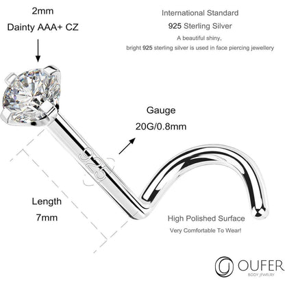 Nasenpiercing L-Form 925 Silber mit Zirkonia 2mm