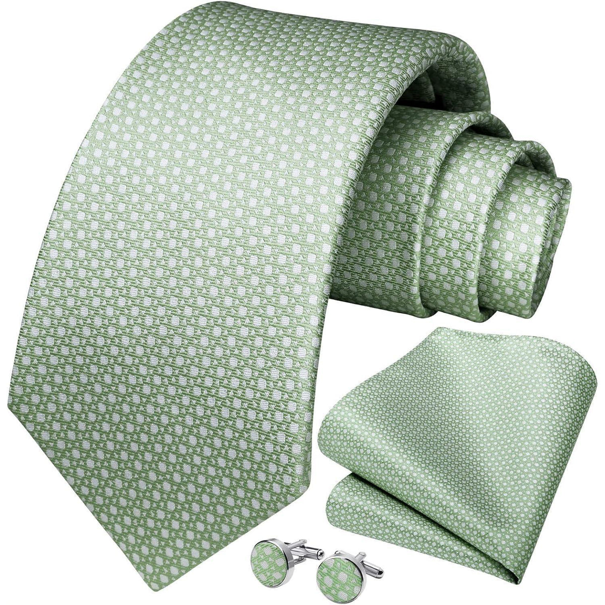 Herren Krawatten-Set mit Einstecktuch und Manschettenknöpfen Salbei Grün