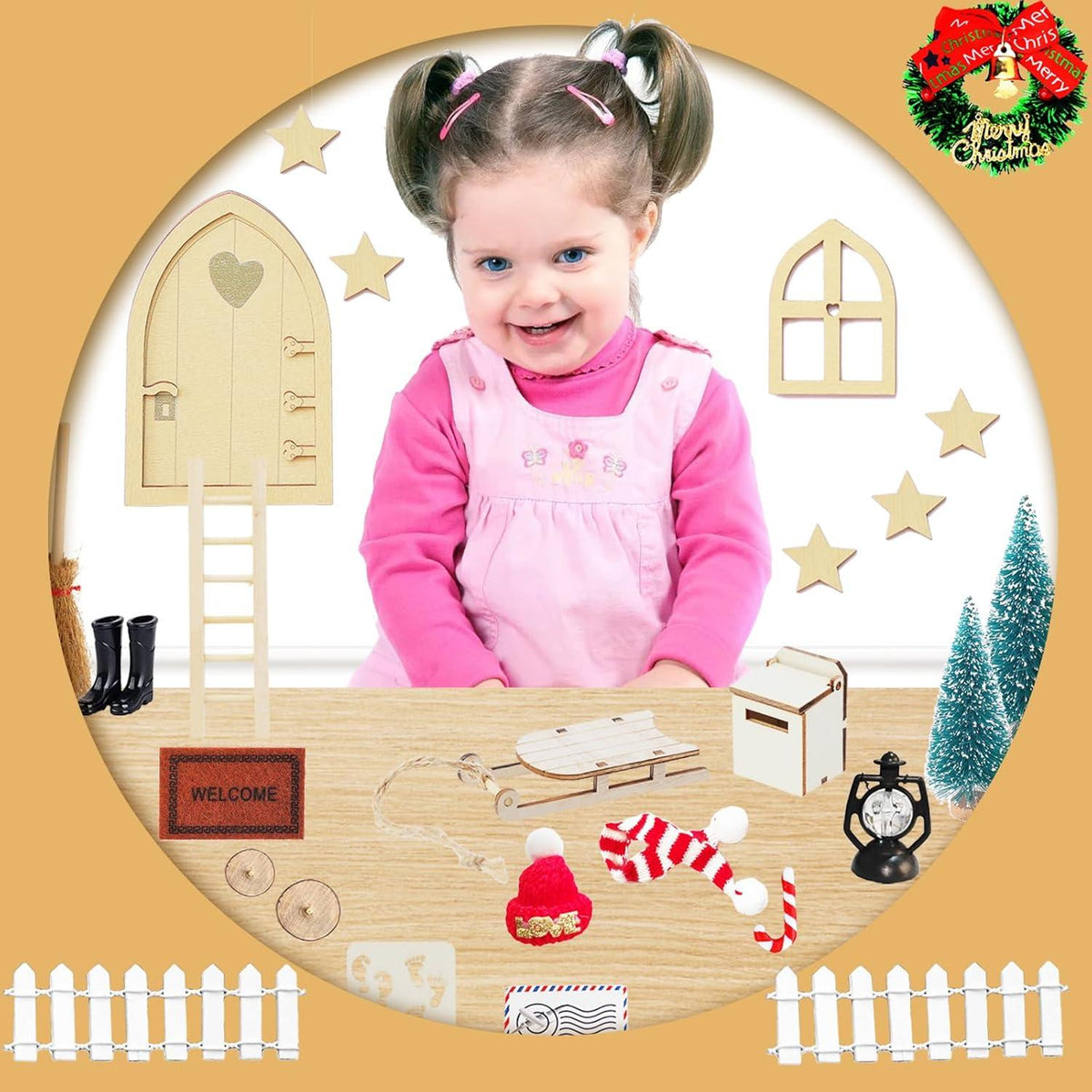 Wichteltür Zubehör Set Weihnachten - Miniatur Elfentür Feentür Baustelle Weihnachtsbaum Kranz Teppich Zaun Postfach