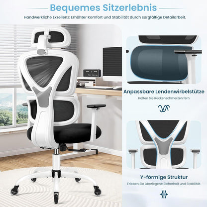 Ergonomischer Bürostuhl mit verstellbarer Kopfstütze und Lendenwirbelstütze