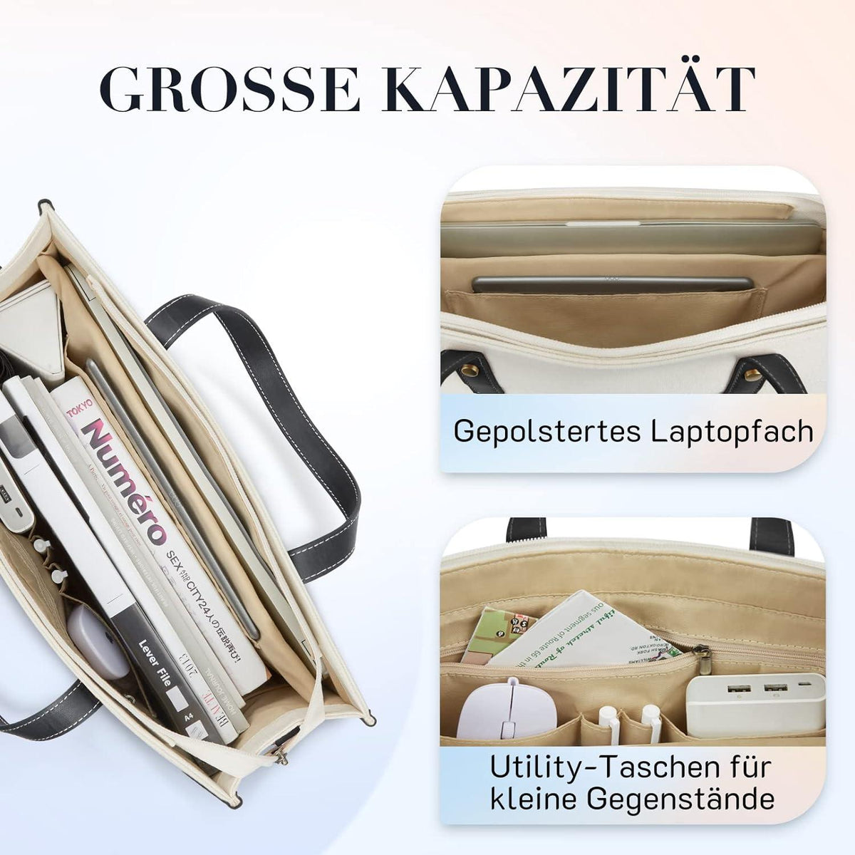 Laptoptasche Damen 15,6 Zoll Schwarz Beige Canvas Büro Uni