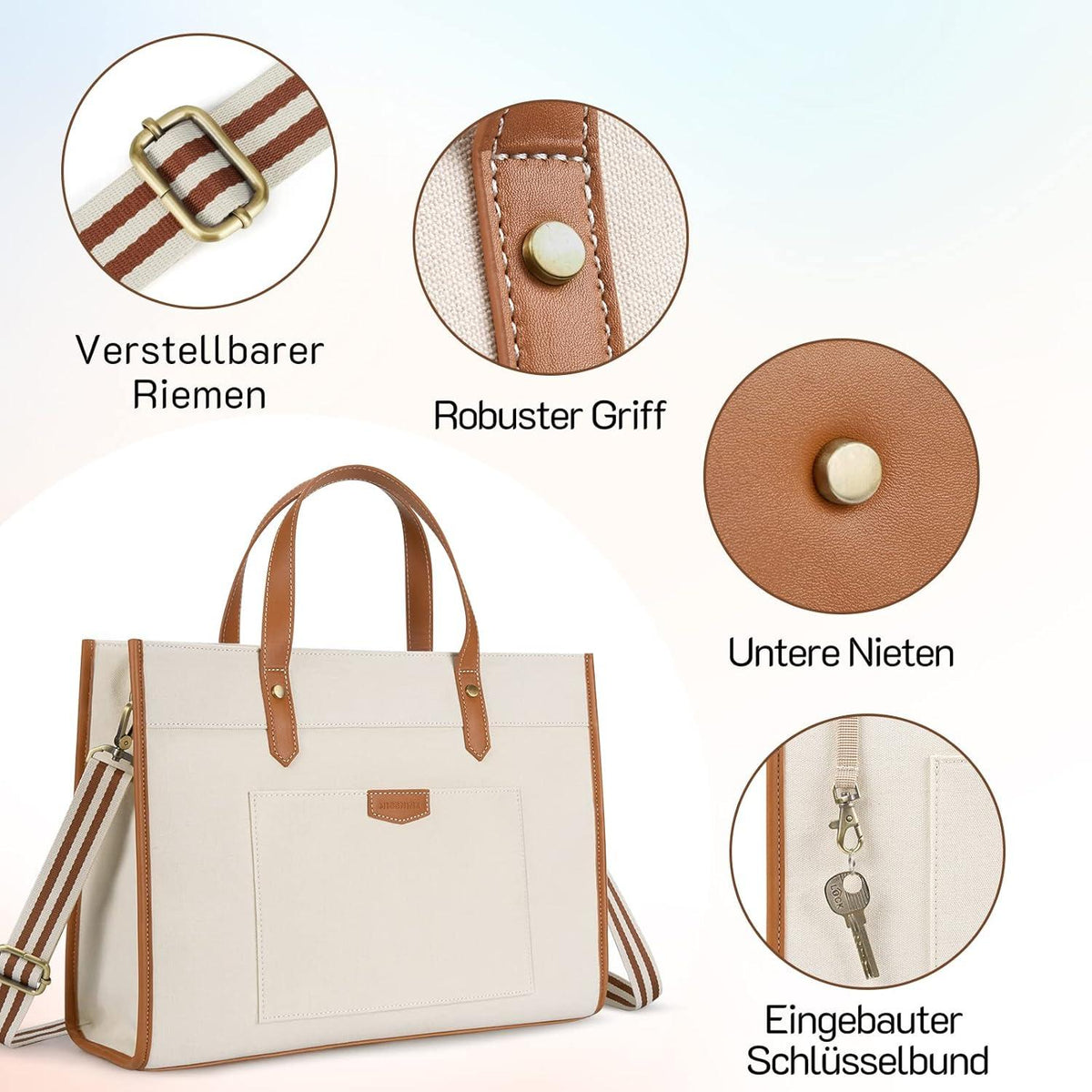 Missnine Laptoptasche 15,6 Zoll Braun Canvas Damen