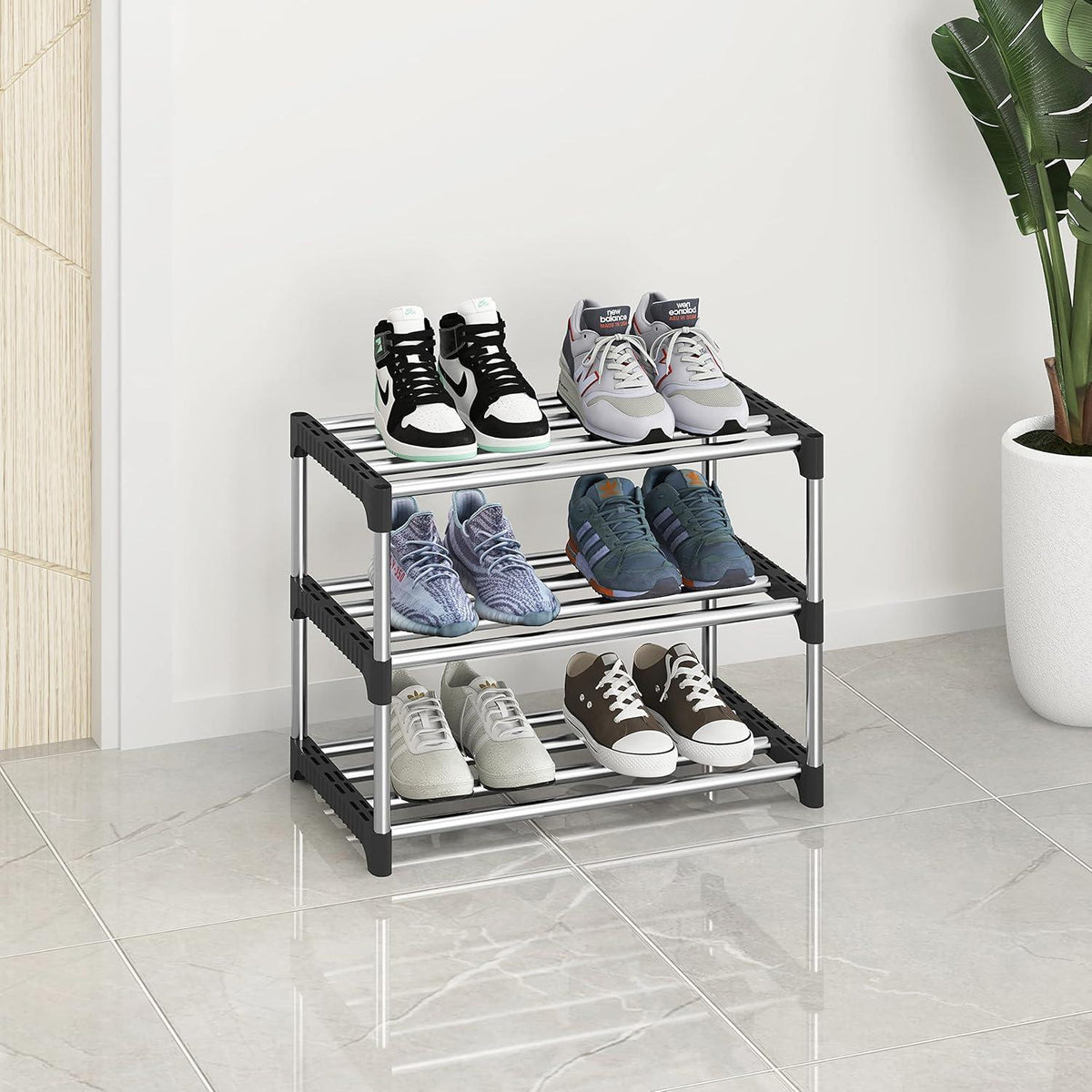 Kleines stapelbares Schuhregal 3 Ebenen Organizer Schwarz