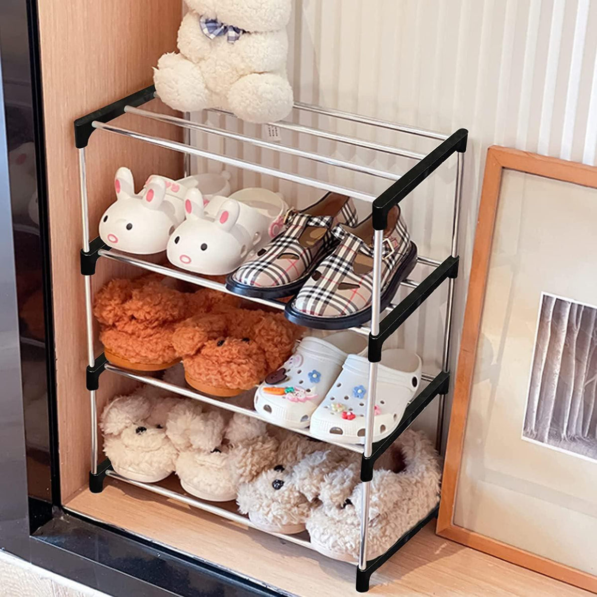 Stapelbares Schuhregal 4 Ebenen Organizer Flur Aufbewahrung Schwarz
