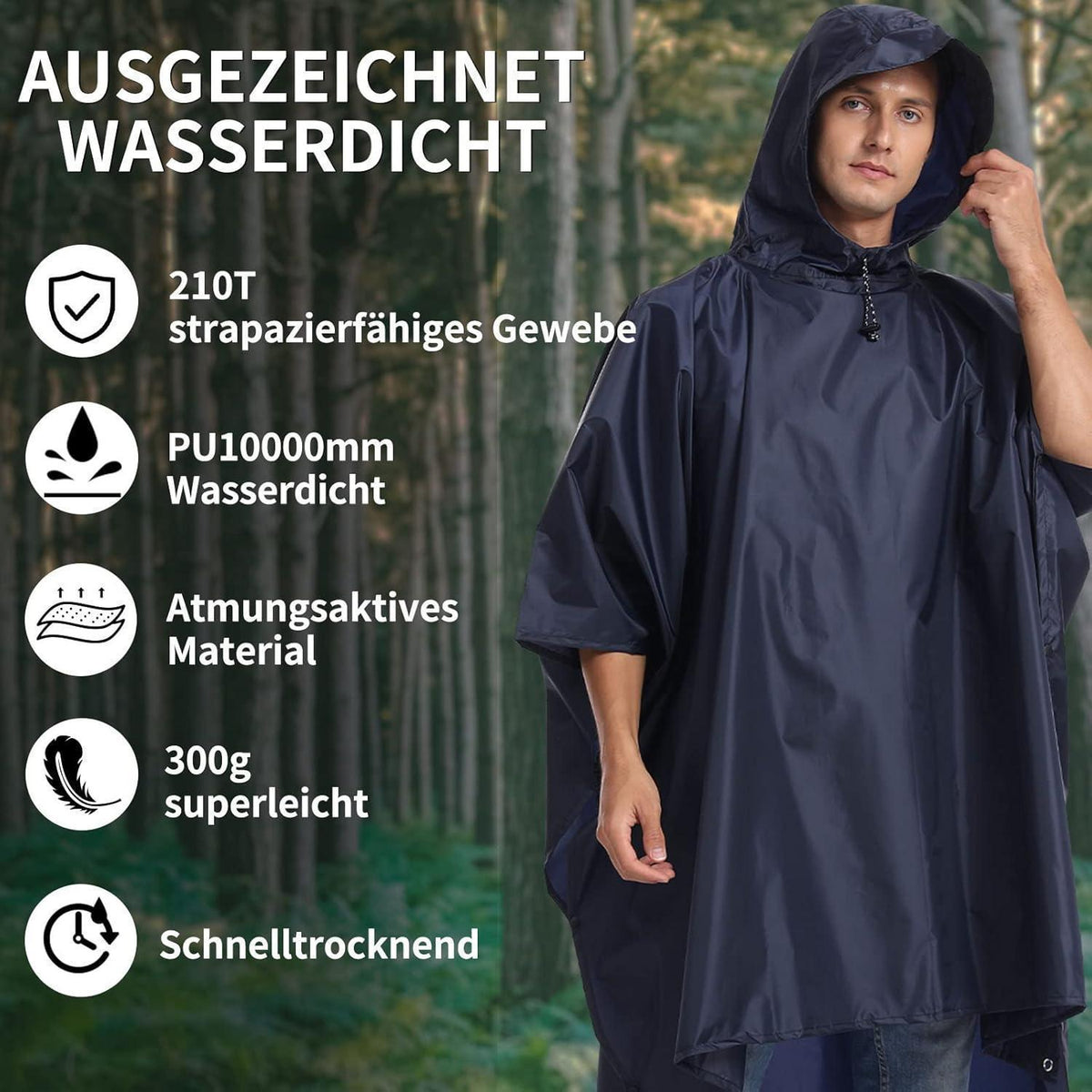 Regenponcho Wasserdicht Atmungsaktiv Navyblau Einheitsgröße