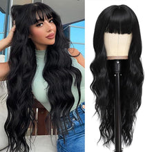 Schwarze 66cm lange gewellte Perücke mit Pony für Frauen