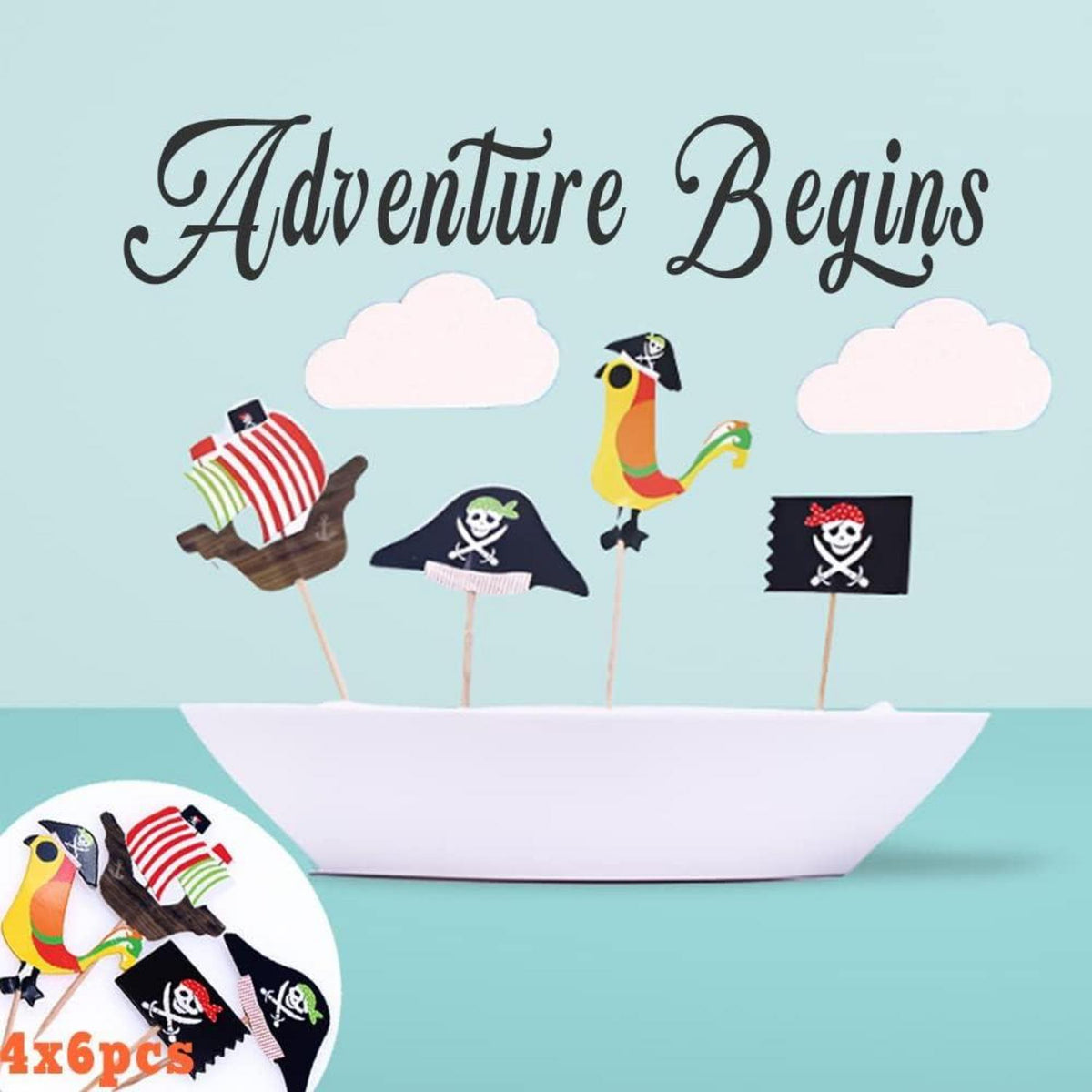 31-teiliges Piraten Tortendeko Set für Kindergeburtstag - Kuchendeko Piratenschiff & Glitzer Topper